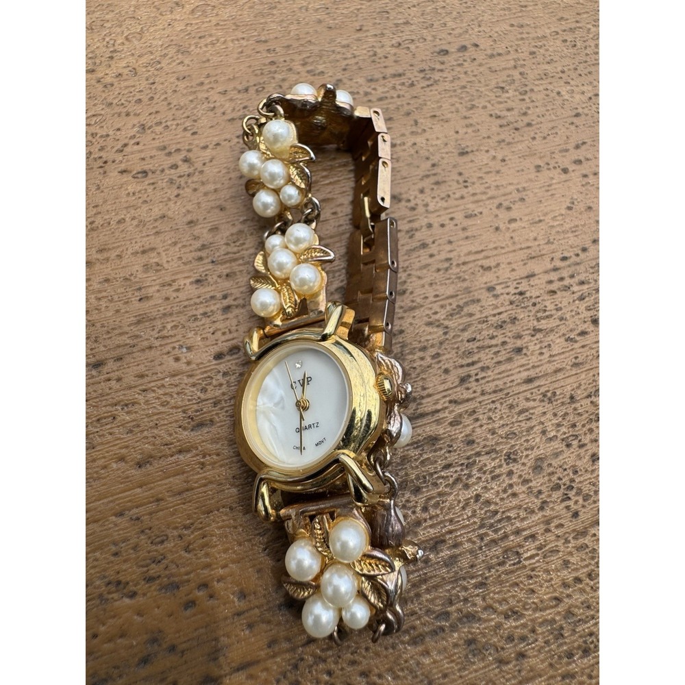 Vintage CVP Gold Tone Faux Pearl Bracelet Watch